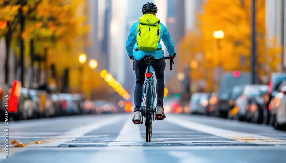 Obraz premium A cyclist rides through a vibrant city street adorned with autumn leaves, showcasing urban life and outdoor adventure.