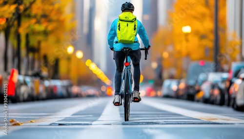 A cyclist rides through a vibrant city street adorned with autumn leaves, showcasing urban life and outdoor adventure.