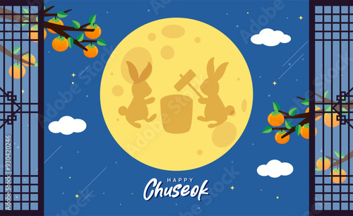 Happy Chuseok Background vector illustration. Traditional Korean door and rabbit on the moon making rice cakes