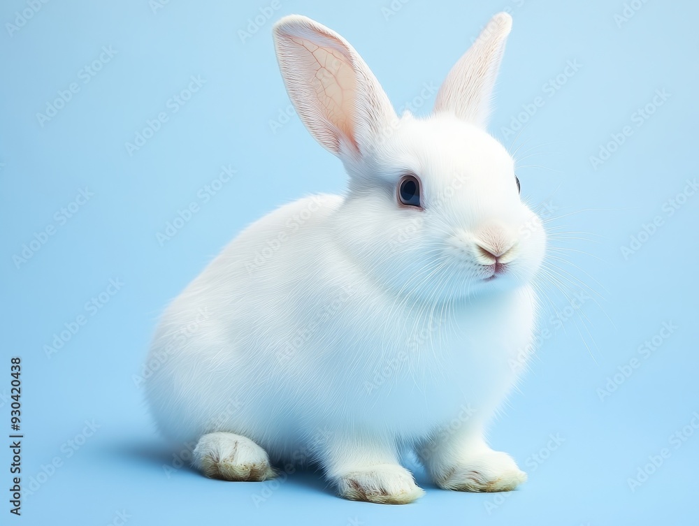 Fluffy White Rabbit Gazes into the Distance on a Baby Blue Background Fluffy White Rabbit Gazes into the Distance on a Baby Blue Background