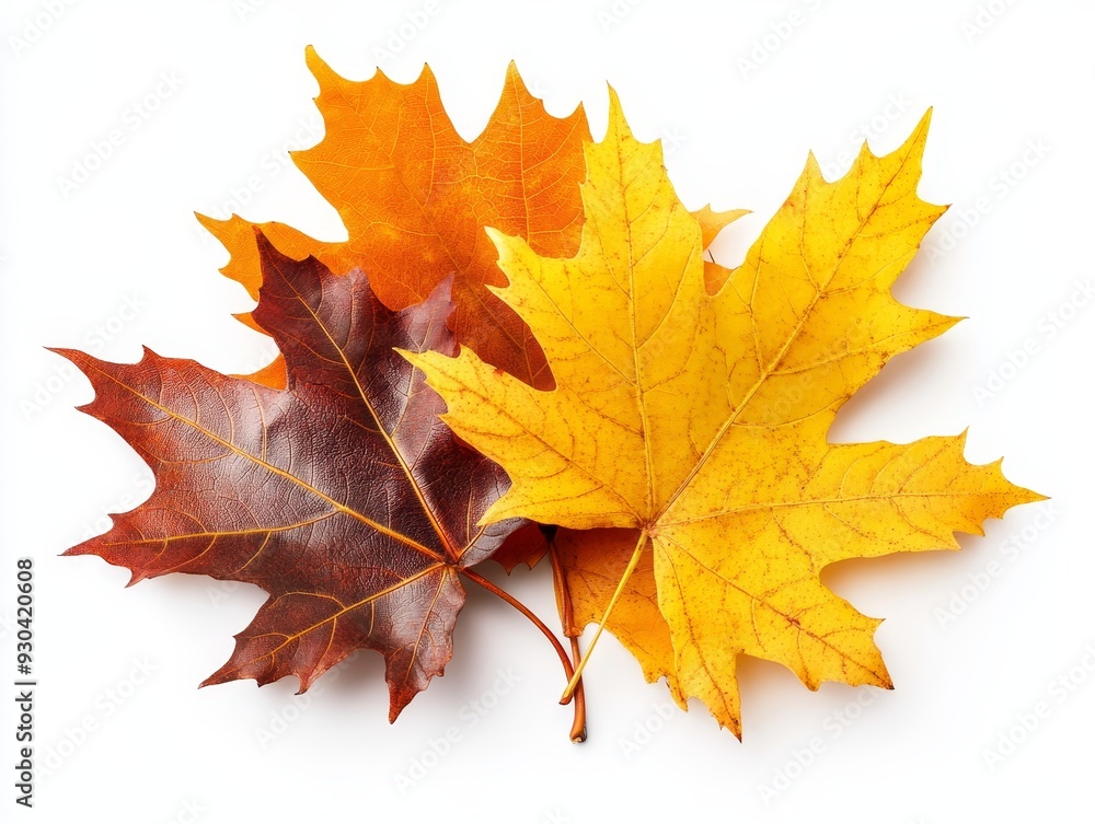 Golden Autumn A CloseUp Perspective of Three Vibrant Maple Leaves on a White Background Showcasing Their Intricate Veining and Hues of Yellow Orange and Red Golden Autumn A CloseUp Perspective of Three Vibrant Maple Leaves on a White Background Showcasing Their Intricate Veining and Hues of Yellow Orange and Red