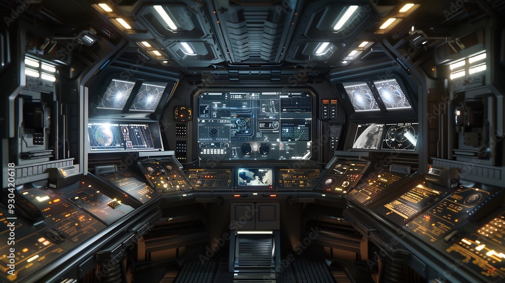 Futuristic spaceship interior with advanced technology and control panels
