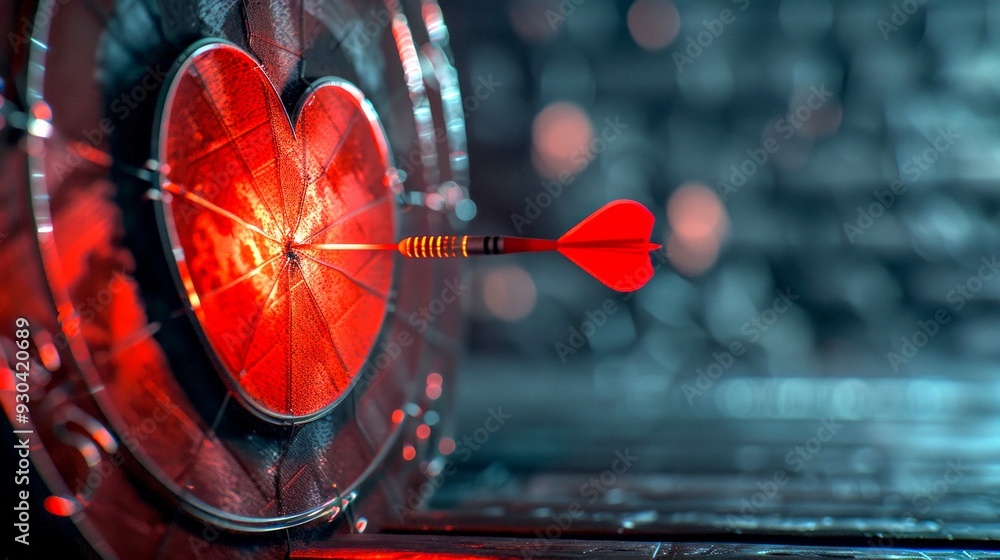 A striking image of a heart-shaped target with a red arrow piercing it. This visually captivating piece symbolizes love and passion. Ideal for romantic themes or advertising. AI A striking image of a heart-shaped target with a red arrow piercing it. This visually captivating piece symbolizes love and passion. Ideal for romantic themes or advertising. AI