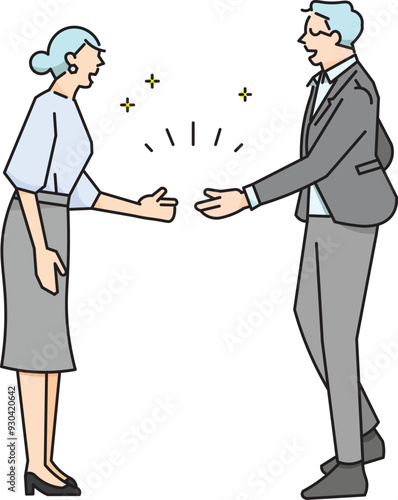 Man and woman shaking hands - Negotiation - Contract - Success - Business person male and female, full body, side view - Simple Vector Illustration photo