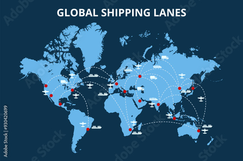 Global shipping lanes. Transportation paths and shipping routes on world map with airplane, cargo ship, train and truck icons. Connected international trade hubs vector infographic.