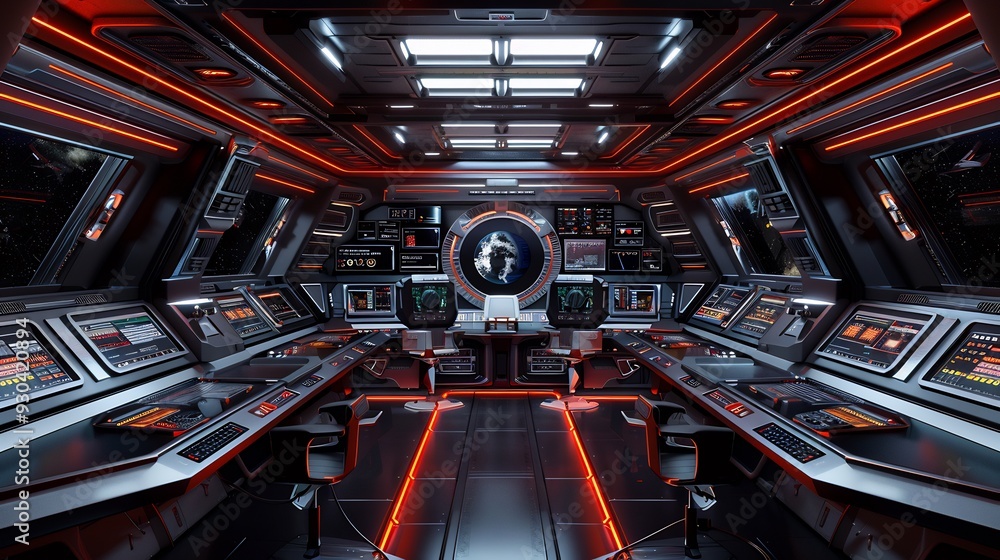 Obraz premium Futuristic Spaceship Interior with Control Panel and Earth Display