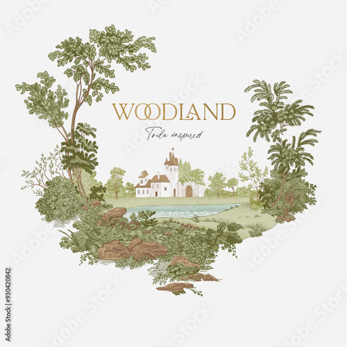 Woodland. Wreath. Toile inspired. Vector vintage illustration. 