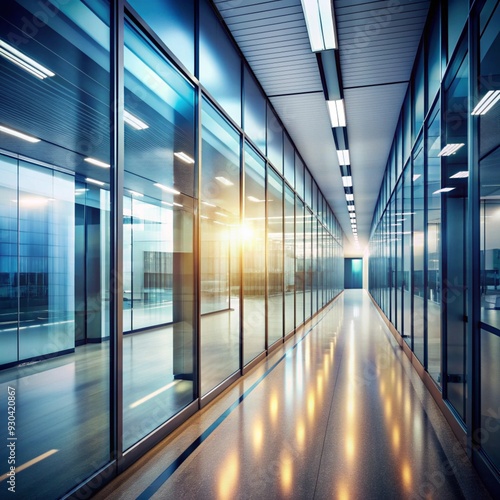 Blurred modern office corridor with glass walls and bright lights