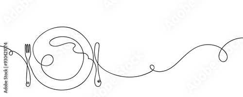 Continuous one line art of plate, knife and fork. Restaurant concept hand draw design on transparent background.  Editable stroke