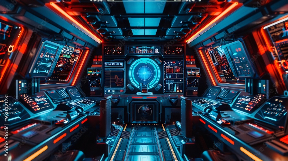 Fototapeta premium Futuristic spaceship control room with glowing red and blue lights