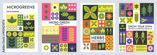 Microgreens geometric mosaic poster. Grow your herbs and vegetables, micro greens growing kit packaging design with plants, leaves and flowers geometric vector background. Bauhaus Scandinavian tiles