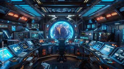 Fototapeta Naklejka Na Ścianę i Meble -  Futuristic spaceship bridge with earth visible through a large window