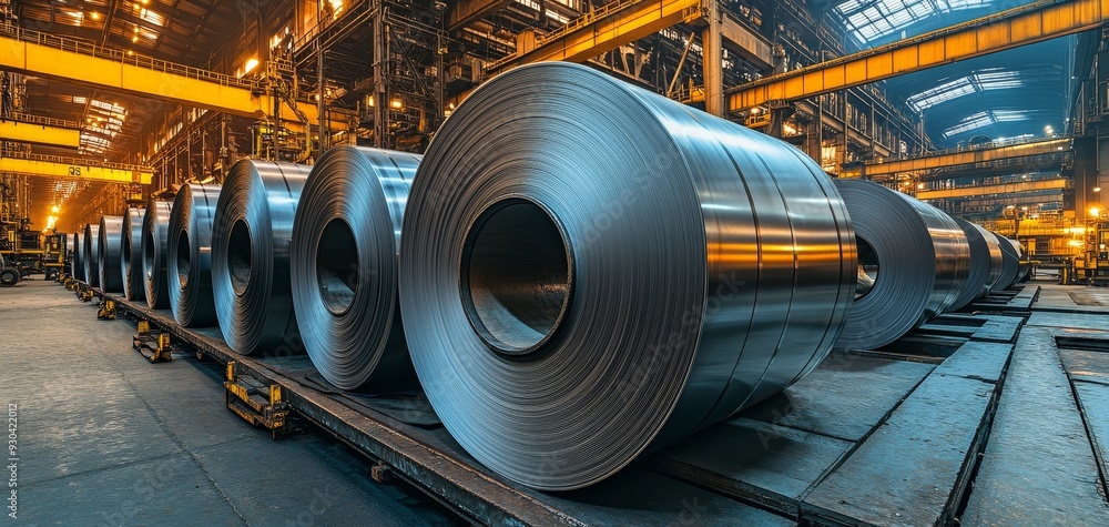 Steel Coils in a Factory A low angle perspective showcasing the industrial strength of a steel mill with closeup details of the coiled metal and the surrounding machinery Steel Coils in a Factory A low angle perspective showcasing the industrial strength of a steel mill with closeup details of the coiled metal and the surrounding machinery