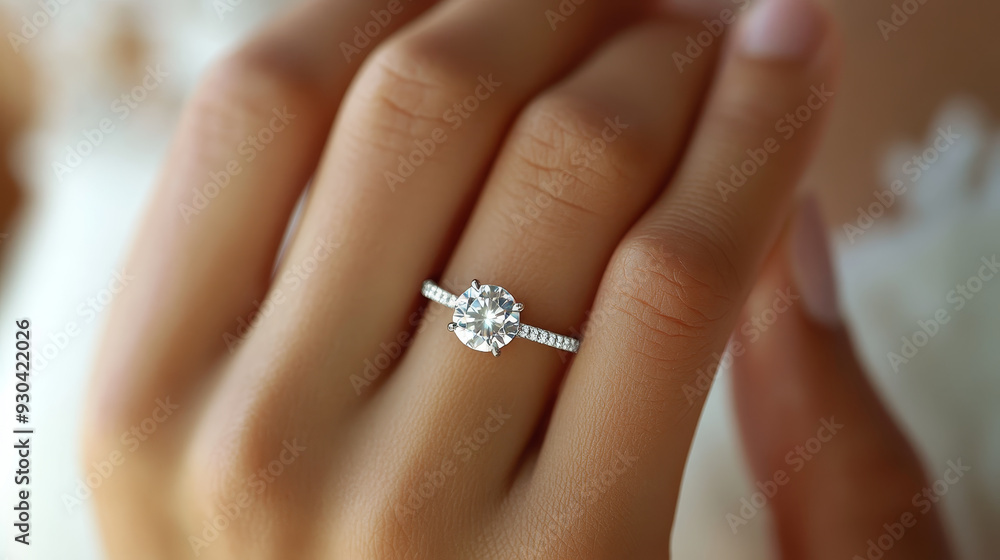 A close up of beautiful engagement ring on hand, showcasing sparkling diamond and elegant band, evoking feelings of love and commitment. A close up of beautiful engagement ring on hand, showcasing sparkling diamond and elegant band, evoking feelings of love and commitment.