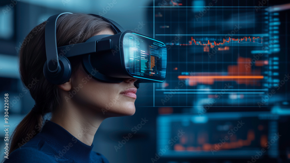 A woman wearing a headphones and virtual reality headset is trading stocks and analyze business statistics a metaverse platform, Innovation and Technology. A woman wearing a headphones and virtual reality headset is trading stocks and analyze business statistics a metaverse platform, Innovation and Technology.