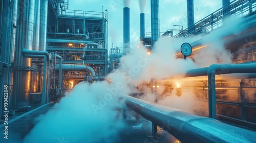 Pipes carrying steam through an industrial facility, symolizing the essential role of piping in power generation. photo