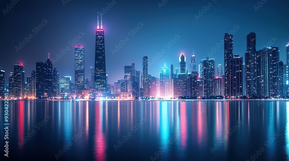 A city skyline at night, with illuminated skyscrapers dominating the urban landscape A city skyline at night, with illuminated skyscrapers dominating the urban landscape
