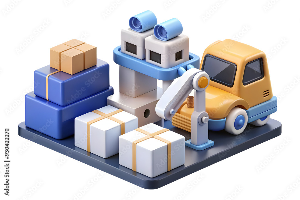 Modern Warehouse Automation Concept with AI Robotics - 3D Glossy Icon on White Background Modern Warehouse Automation Concept with AI Robotics - 3D Glossy Icon on White Background