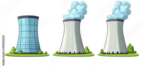 Three Cooling Towers A SidebySide Comparison of Modern and Traditional Designs with Cartoonish Smoke Plumes