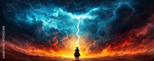 A dramatic scene featuring a lone figure against a vibrant sky filled with lightning and fiery colors at sunset.