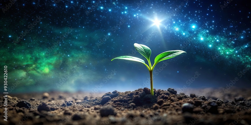 Green seedling sprouting on ground at night under the stars Green seedling sprouting on ground at night under the stars