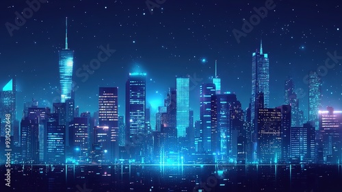 A city skyline at night, with illuminated skyscrapers dominating the urban landscape