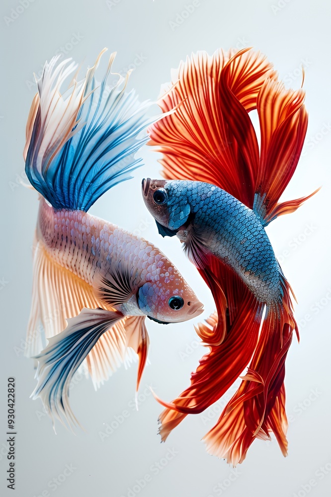 Two colorful betta fish swimming in a dynamic pose against a light background. Two colorful betta fish swimming in a dynamic pose against a light background.