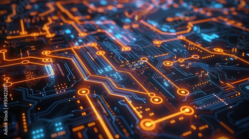 Futuristic circuit board design showcasing vibrant orange and blue lights, symbolizing advanced technology and innovation.