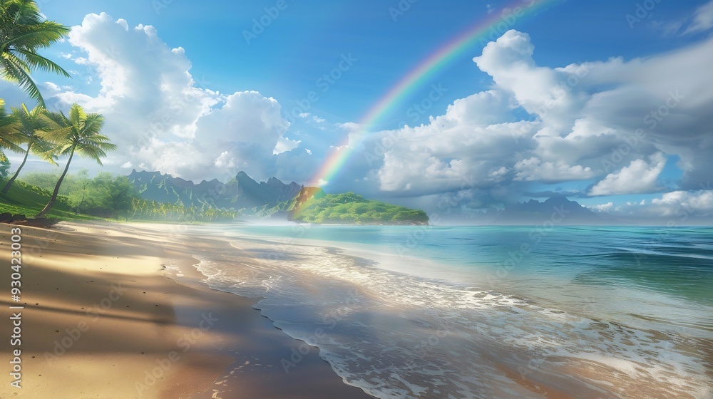 Tropical Beach with Rainbow and Palm Trees Tropical Beach with Rainbow and Palm Trees