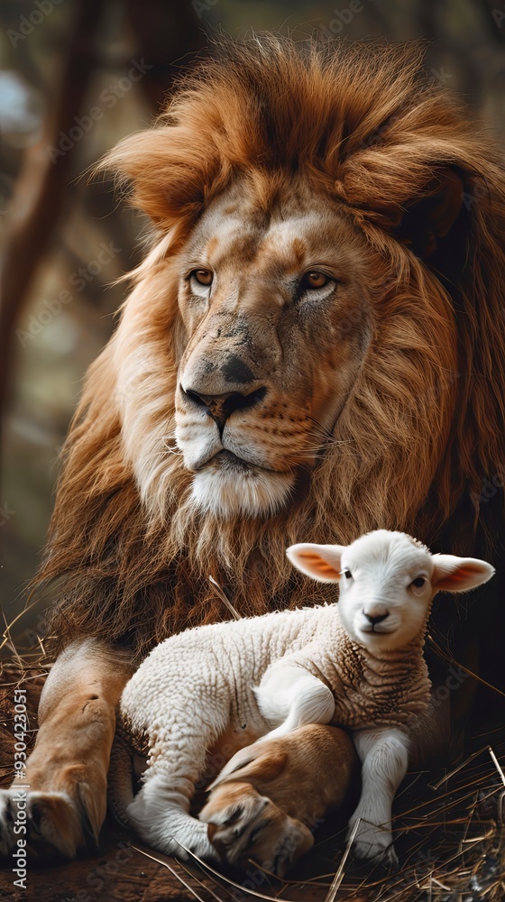 Lion and lamb animals together outdoors. Christianity religion faith, Jesus lamb of God concept, Bible scripture gospel Lion and lamb animals together outdoors. Christianity religion faith, Jesus lamb of God concept, Bible scripture gospel