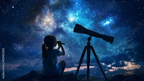 A young girl looking through a telescope at a starry night sky, dreaming of the future.