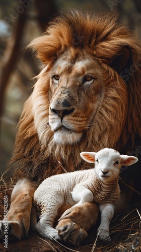 Lion and lamb animals together outdoors. Christianity religion faith, Jesus lamb of God concept, Bible scripture gospel