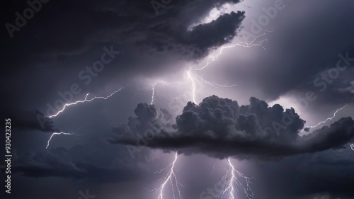 Scary and very dark lightning thunderstorm flash over the sky. Concept on topic weather, cataclysms hurricane, Typhoon, tornado, storm photo