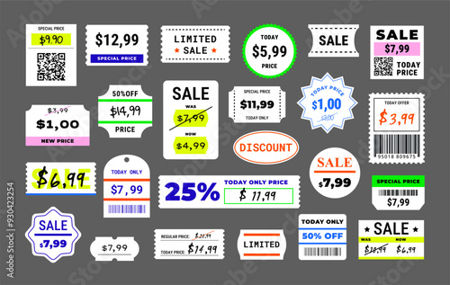 Price stickers. Sale price tags and discount labels, promotional stickers and special offer badges templates for marketing advertising vector set. Discounts vintage free shop retail sticker mockup