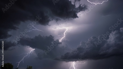 Scary and very dark lightning thunderstorm flash over the sky. Concept on topic weather, cataclysms hurricane, Typhoon, tornado, storm