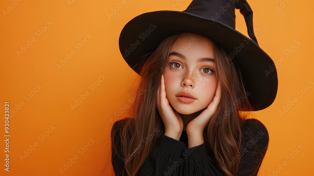 A young girl wearing black witch hat, looking thoughtfully at camera with gentle expression. Her long hair frames her face against vibrant orange background. A young girl wearing black witch hat, looking thoughtfully at camera with gentle expression. Her long hair frames her face against vibrant orange background.