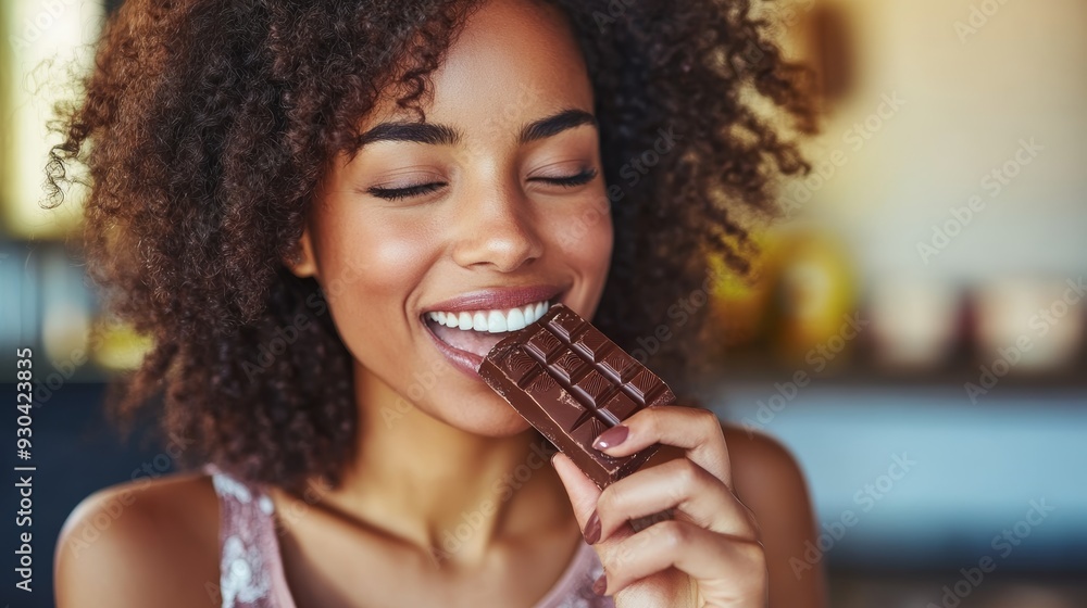 A woman biting into a chocolate bar with a look of satisfaction. A woman biting into a chocolate bar with a look of satisfaction.