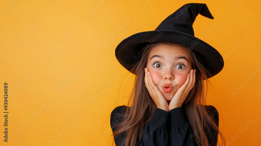 A surprised girl in witch hat expresses excitement with wide eyes and playful pout. A surprised girl in witch hat expresses excitement with wide eyes and playful pout.