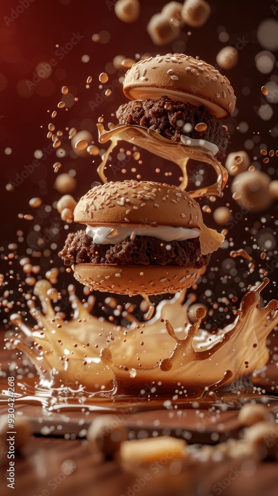 Double Burger Splashing into Chocolate. Double Burger Splashing into Chocolate.
