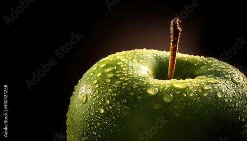 a green apple with water drops close up, dark background and light from the back