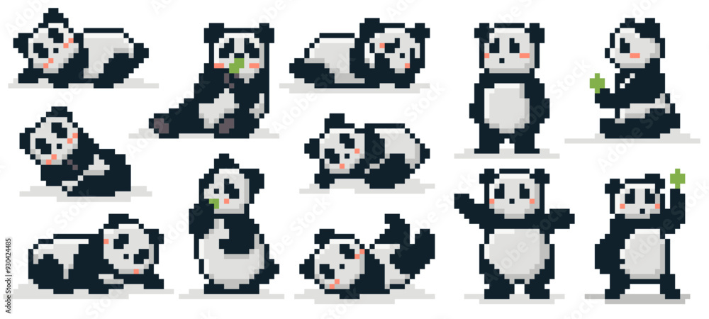 Pixel art panda bear. Cute retro 8 bit pandas pixelated animal mascot in various poses, 90s retro video game style stickers. Bamboo Chinese bears vector kawaii illustration set Pixel art panda bear. Cute retro 8 bit pandas pixelated animal mascot in various poses, 90s retro video game style stickers. Bamboo Chinese bears vector kawaii illustration set