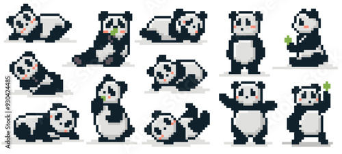 Pixel art panda bear. Cute retro 8 bit pandas pixelated animal mascot in various poses, 90s retro video game style stickers. Bamboo Chinese bears vector kawaii illustration set