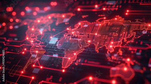 Wallpaper Mural Futuristic digital world map with red circuitry, illustrating global connectivity and technology innovation. Torontodigital.ca