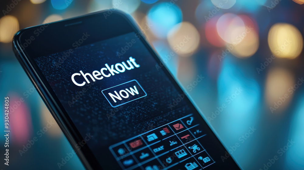 A smartphone displaying Checkout Now button, conveying urgency and modernity. background features colorful bokeh lights, enhancing digital shopping experience. A smartphone displaying Checkout Now button, conveying urgency and modernity. background features colorful bokeh lights, enhancing digital shopping experience.