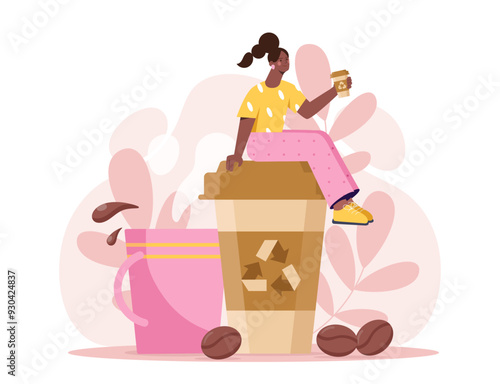 Coffee break woman. Young girl sitting on plastic cups of hot drink. Person with cappuccino, americano and mochaccino. Aroma and beverage. Flat vector illustration isolated on white background