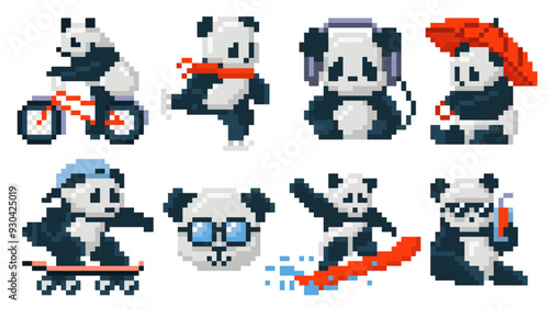 Pixel art cute pandas. Retro 8bit panda bear mascot riding bicycle and skateboard, ice skating and surfing, holding umbrella and cold drink, wearing glasses and headphones vector illustration set