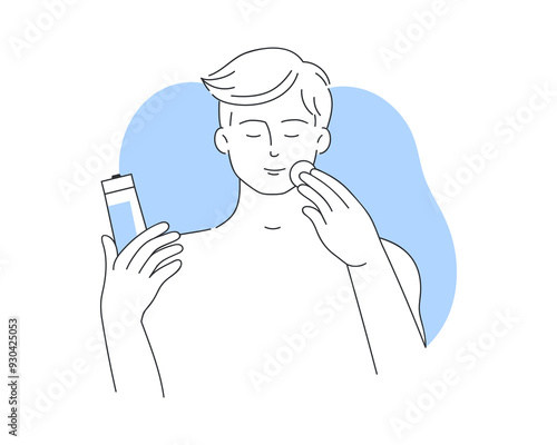 Young man holding cotton pad and bottle to apply toner to skin of face vector illustration