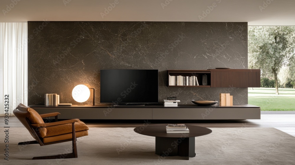A sleek black TV cabinet supports a large flat-screen TV in a minimalist living room adorned with grey marble floors and a white carpet, highlighting elegance and simplicity A sleek black TV cabinet supports a large flat-screen TV in a minimalist living room adorned with grey marble floors and a white carpet, highlighting elegance and simplicity