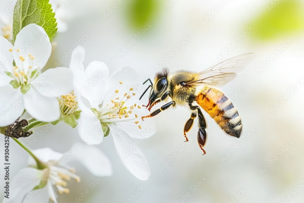 Honey Bee Collecting Pollen from a White Flower Honey Bee Collecting Pollen from a White Flower