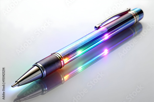 Sleek 3D Holographic Pen with Glowing Ink on Glossy White Surface - Technology meets Creativity in Writing Instruments. Isolated Scene with Copy Space